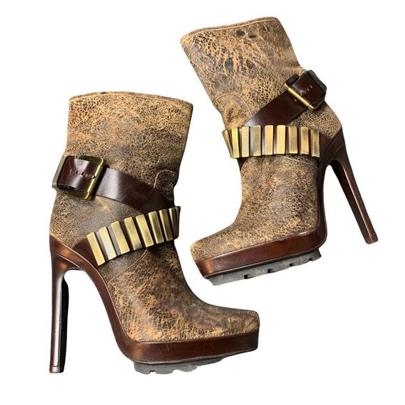 Rare! Michael Kors Brown Stiletto Platform Leather Boots - Picture 1 of 16